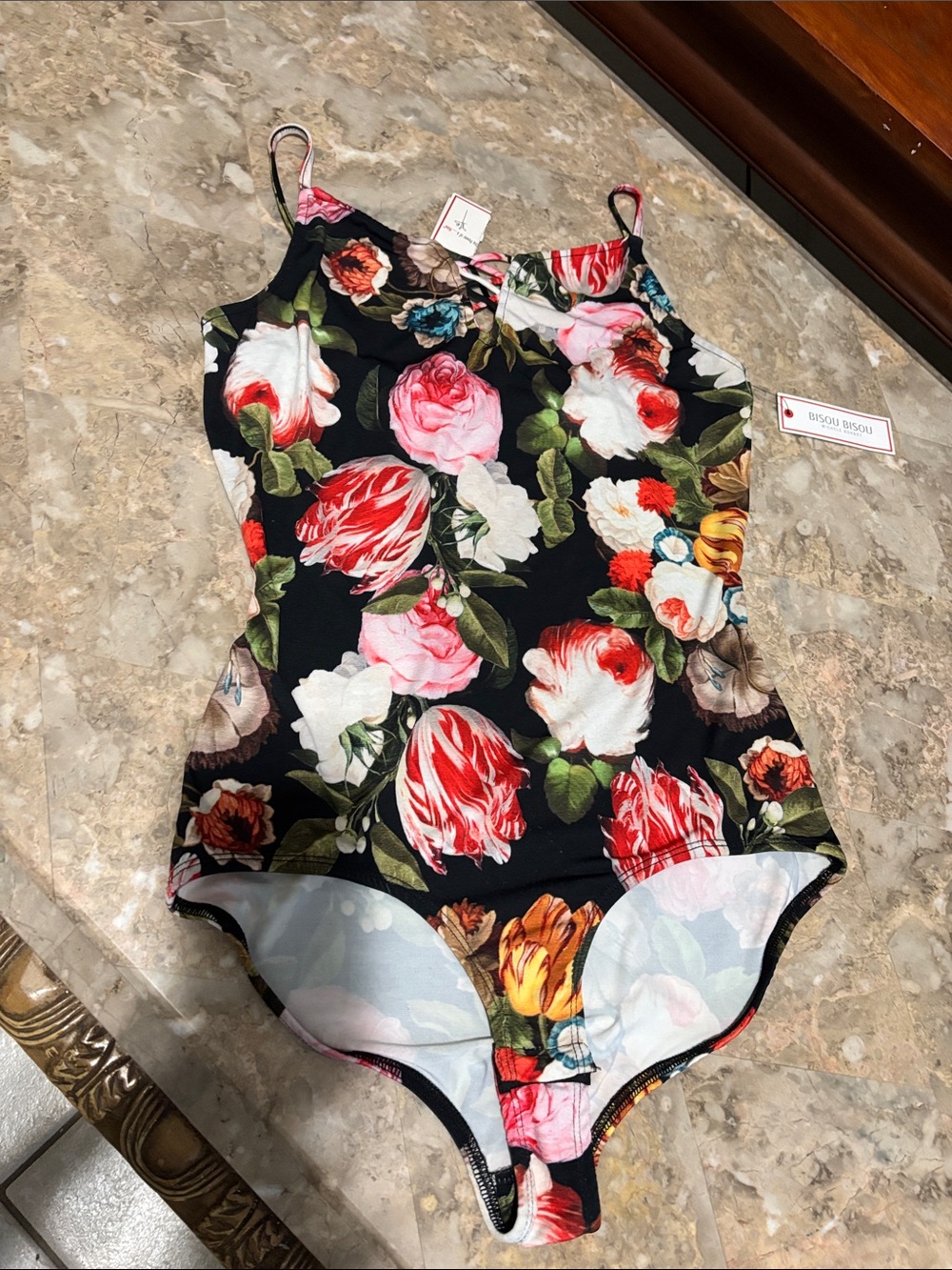 Floral Black One-Piece Swim Coverup with Pink & Red Blooms
